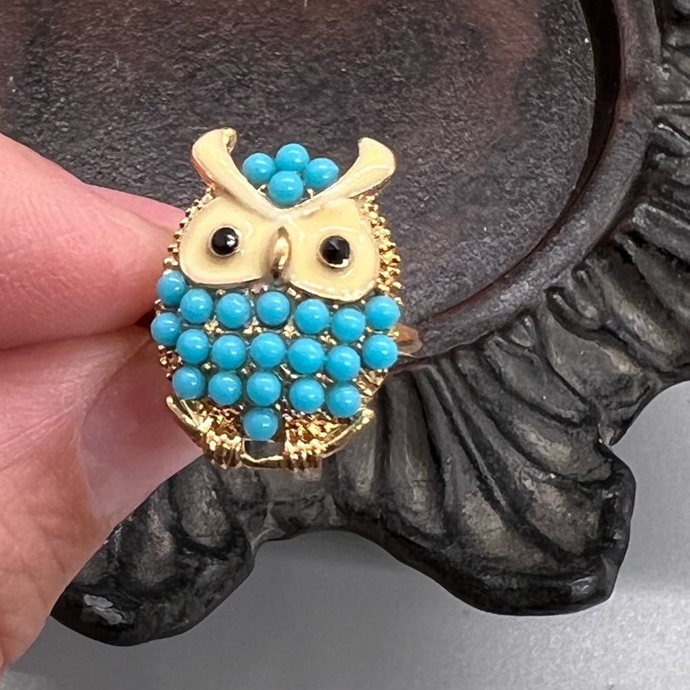 Whimsical Gold and Blue Owl Ring adjustable Size - Picture 3 of 6